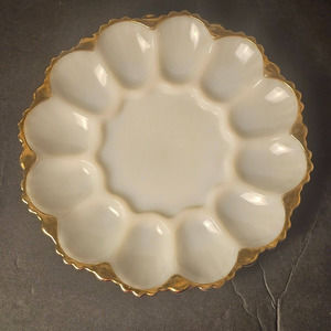 Oyster or Egg White Round Milk Glass‎ Dish with Gold Detail
